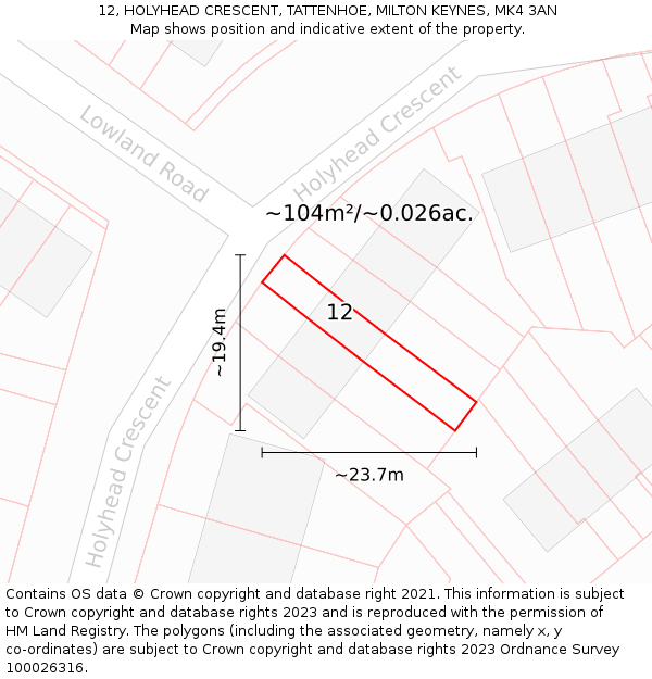 12, HOLYHEAD CRESCENT, TATTENHOE, MILTON KEYNES, MK4 3AN: Plot and title map