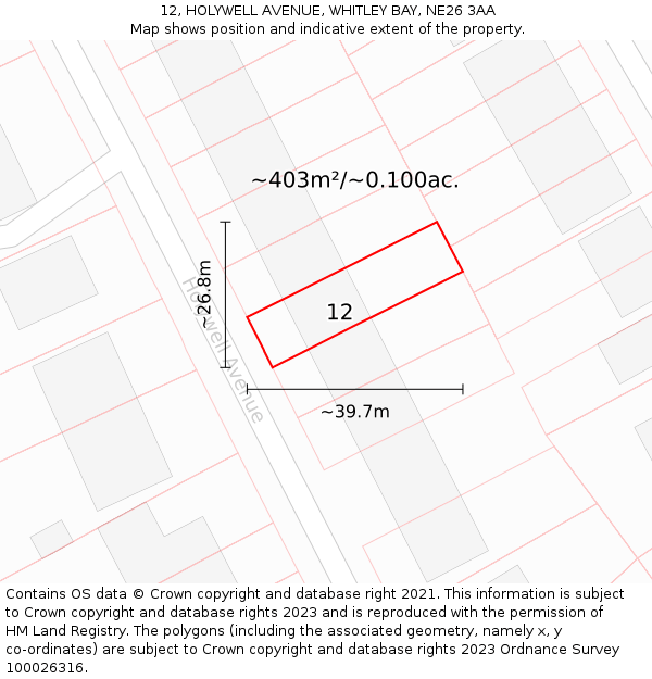 12, HOLYWELL AVENUE, WHITLEY BAY, NE26 3AA: Plot and title map
