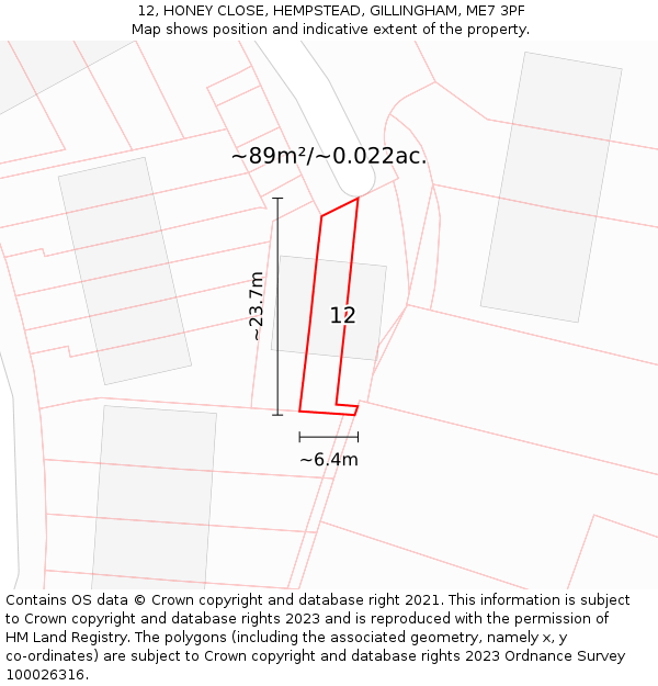 12, HONEY CLOSE, HEMPSTEAD, GILLINGHAM, ME7 3PF: Plot and title map