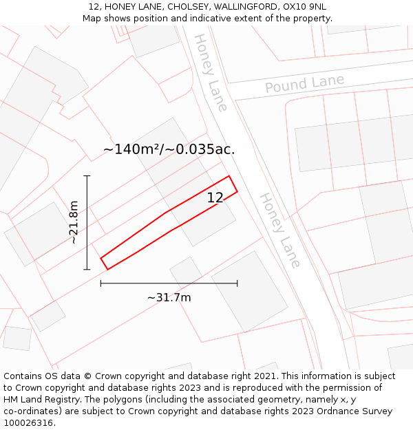 12, HONEY LANE, CHOLSEY, WALLINGFORD, OX10 9NL: Plot and title map