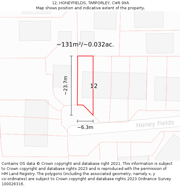 12, HONEYFIELDS, TARPORLEY, CW6 9XA: Plot and title map