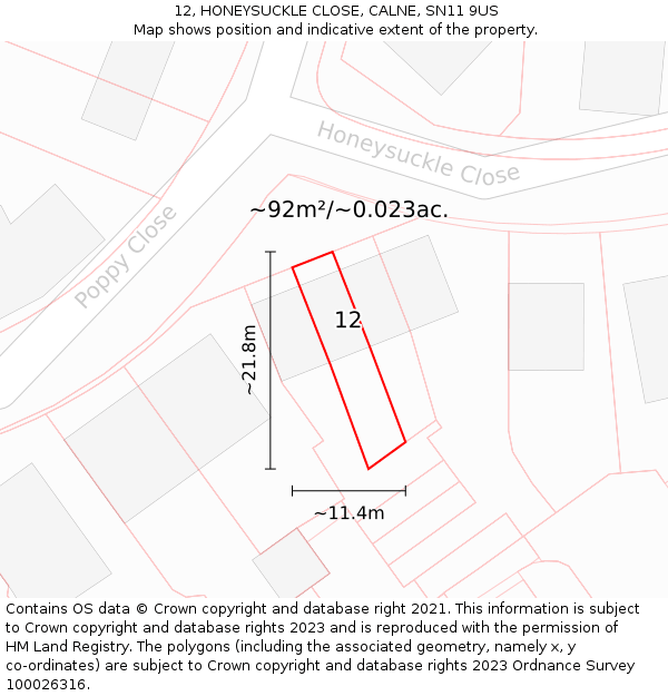 12, HONEYSUCKLE CLOSE, CALNE, SN11 9US: Plot and title map