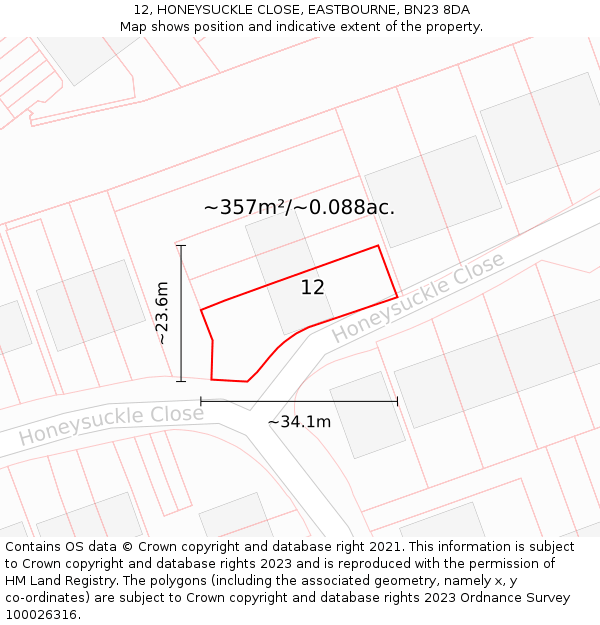 12, HONEYSUCKLE CLOSE, EASTBOURNE, BN23 8DA: Plot and title map