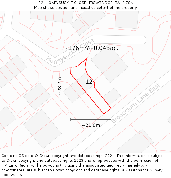 12, HONEYSUCKLE CLOSE, TROWBRIDGE, BA14 7SN: Plot and title map