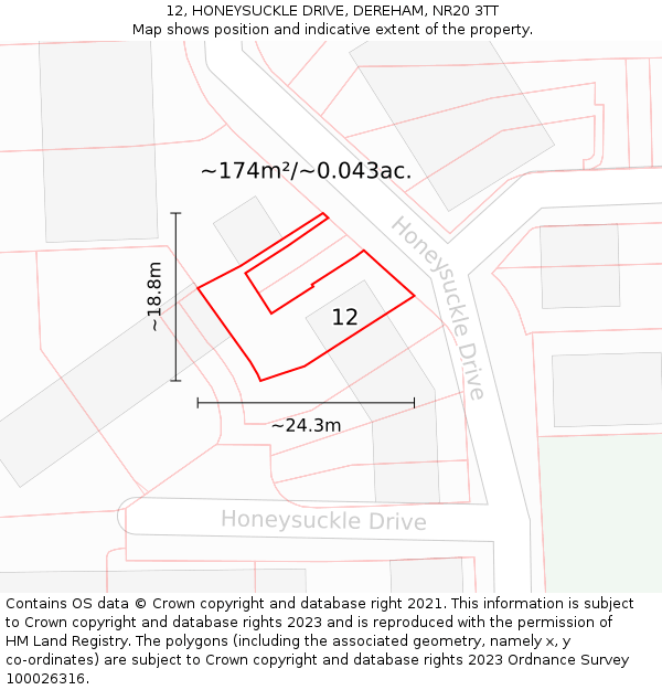 12, HONEYSUCKLE DRIVE, DEREHAM, NR20 3TT: Plot and title map