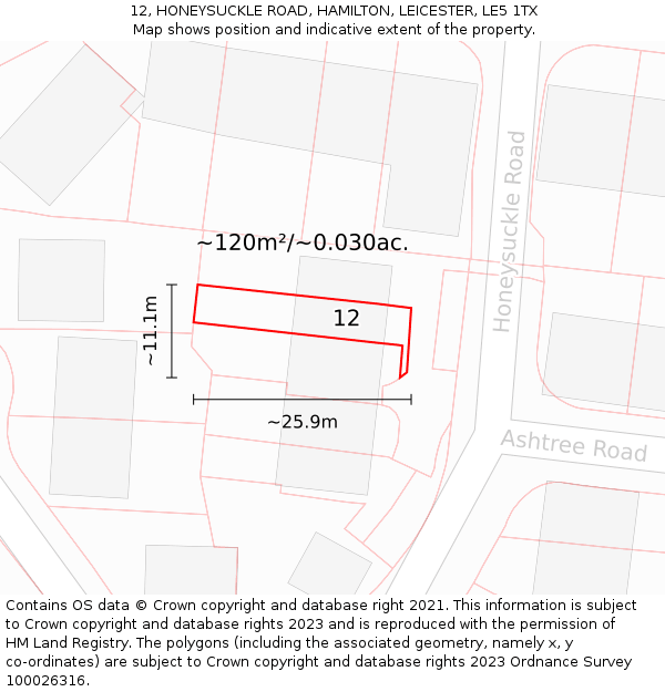 12, HONEYSUCKLE ROAD, HAMILTON, LEICESTER, LE5 1TX: Plot and title map