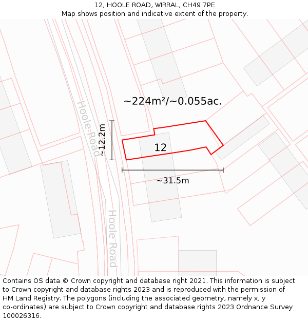 12, HOOLE ROAD, WIRRAL, CH49 7PE: Plot and title map