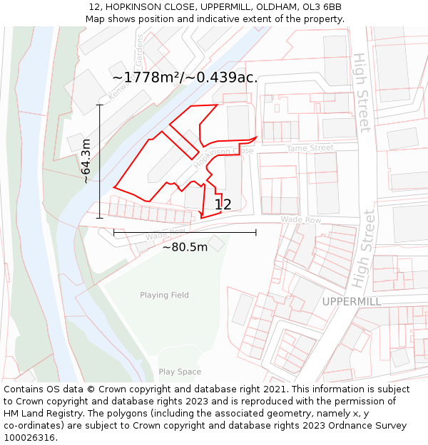 12, HOPKINSON CLOSE, UPPERMILL, OLDHAM, OL3 6BB: Plot and title map