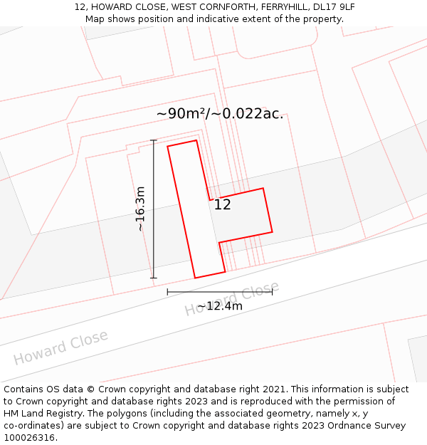 12, HOWARD CLOSE, WEST CORNFORTH, FERRYHILL, DL17 9LF: Plot and title map