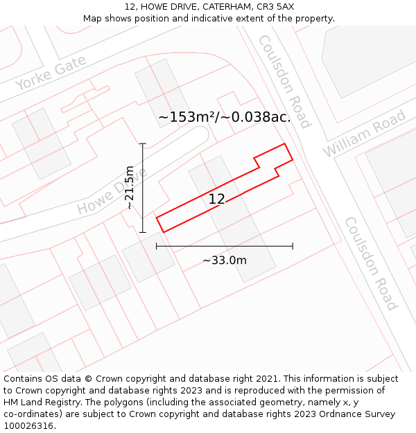 12, HOWE DRIVE, CATERHAM, CR3 5AX: Plot and title map