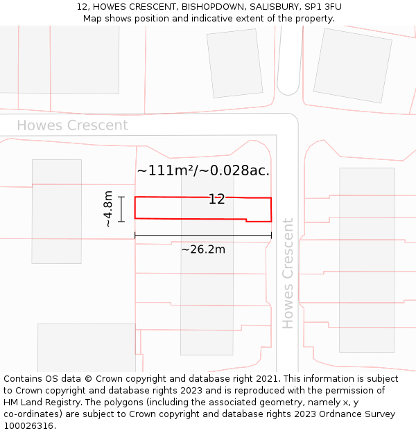 12, HOWES CRESCENT, BISHOPDOWN, SALISBURY, SP1 3FU: Plot and title map