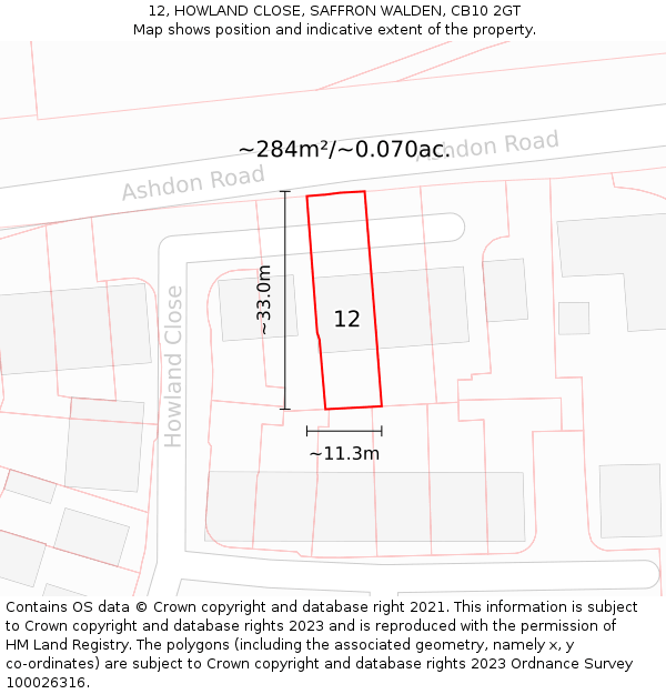 12, HOWLAND CLOSE, SAFFRON WALDEN, CB10 2GT: Plot and title map