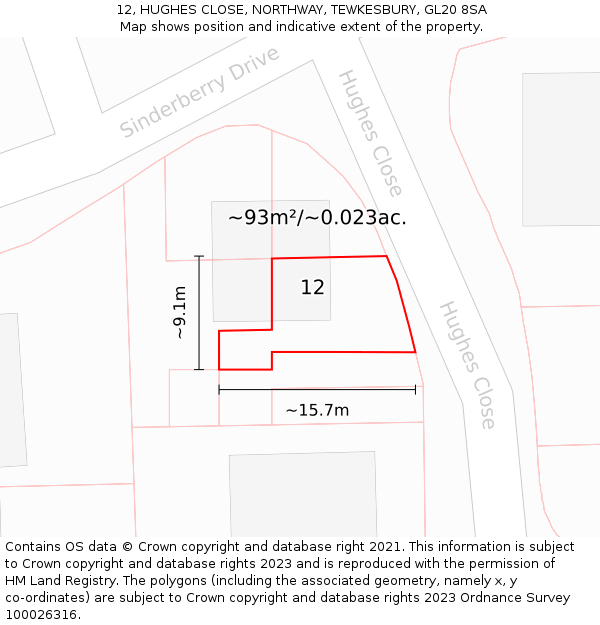 12, HUGHES CLOSE, NORTHWAY, TEWKESBURY, GL20 8SA: Plot and title map