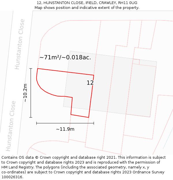 12, HUNSTANTON CLOSE, IFIELD, CRAWLEY, RH11 0UG: Plot and title map