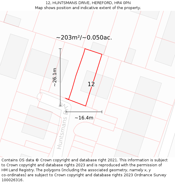 12, HUNTSMANS DRIVE, HEREFORD, HR4 0PN: Plot and title map