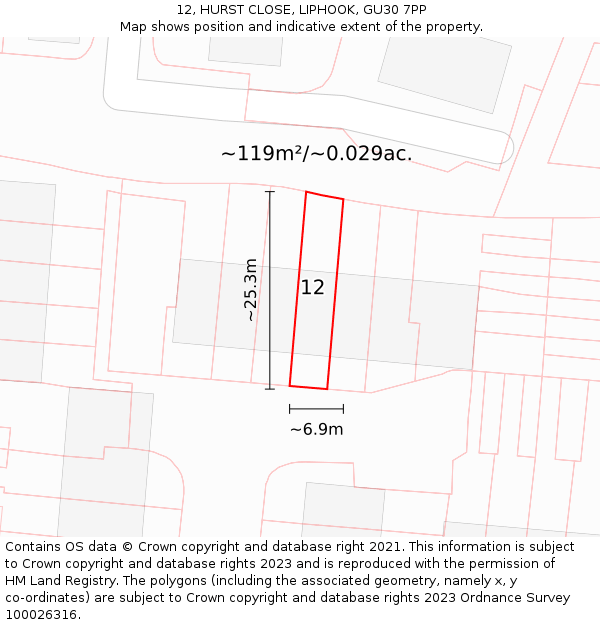 12, HURST CLOSE, LIPHOOK, GU30 7PP: Plot and title map
