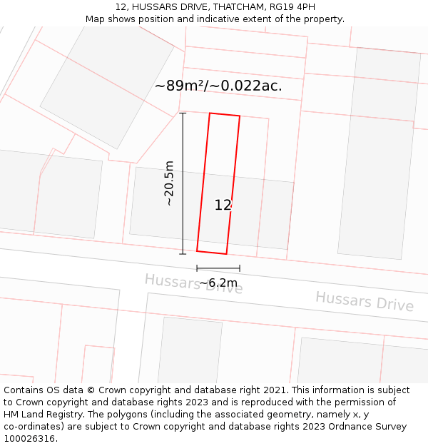 12, HUSSARS DRIVE, THATCHAM, RG19 4PH: Plot and title map