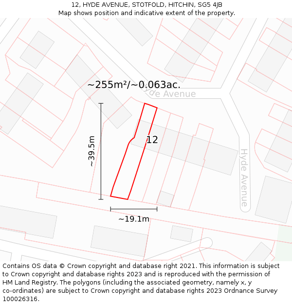 12, HYDE AVENUE, STOTFOLD, HITCHIN, SG5 4JB: Plot and title map