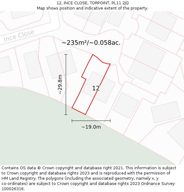 12, INCE CLOSE, TORPOINT, PL11 2JQ: Plot and title map