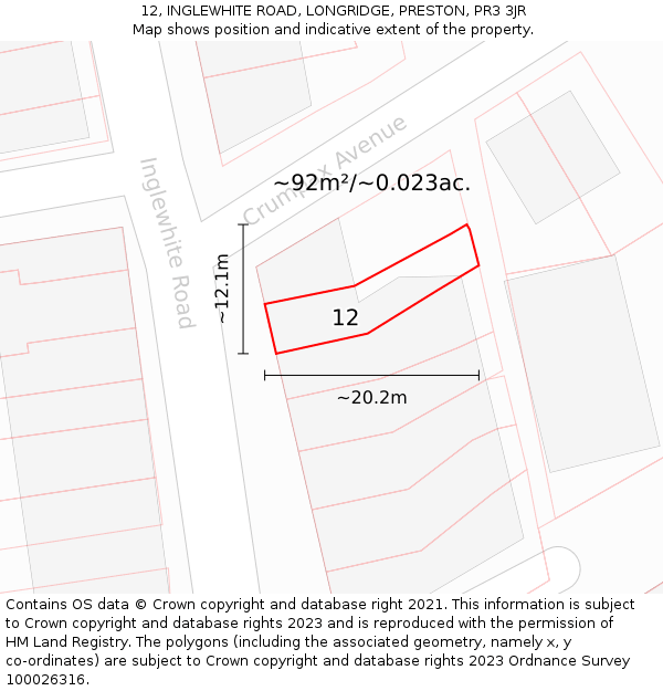 12, INGLEWHITE ROAD, LONGRIDGE, PRESTON, PR3 3JR: Plot and title map