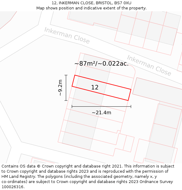 12, INKERMAN CLOSE, BRISTOL, BS7 0XU: Plot and title map