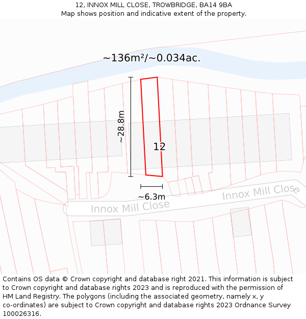 12, INNOX MILL CLOSE, TROWBRIDGE, BA14 9BA: Plot and title map