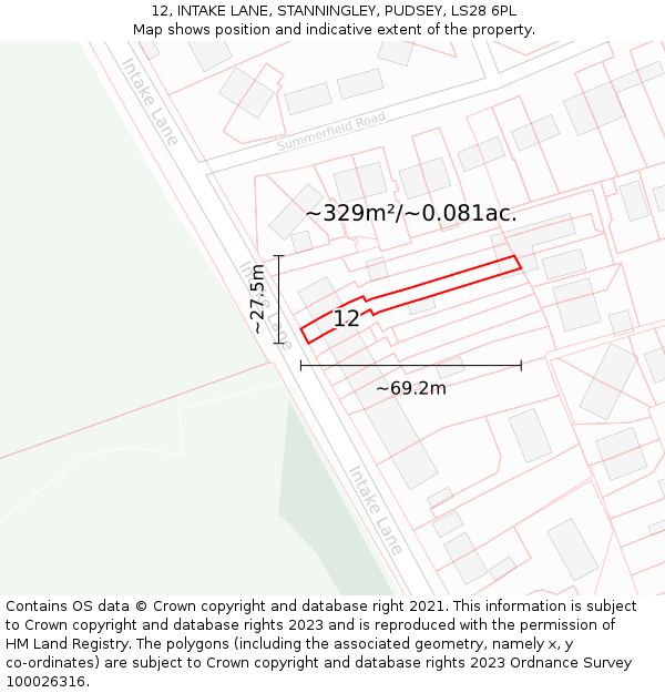 12, INTAKE LANE, STANNINGLEY, PUDSEY, LS28 6PL: Plot and title map