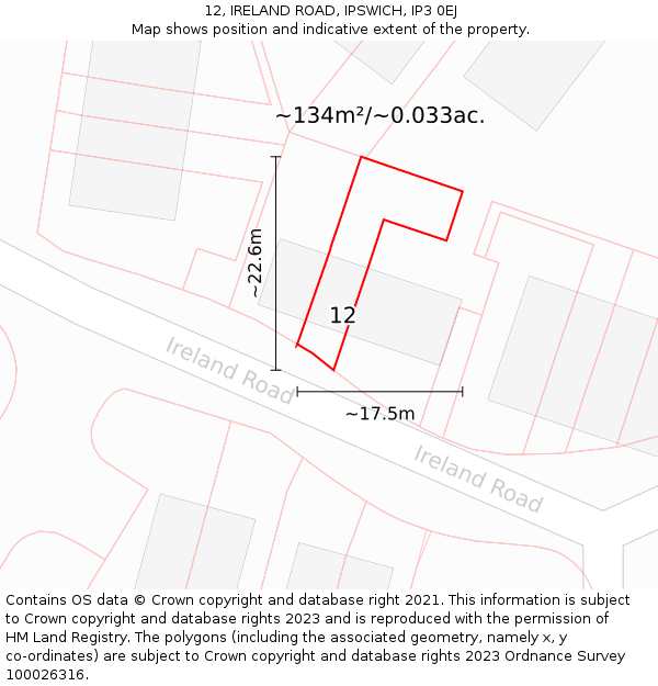 12, IRELAND ROAD, IPSWICH, IP3 0EJ: Plot and title map