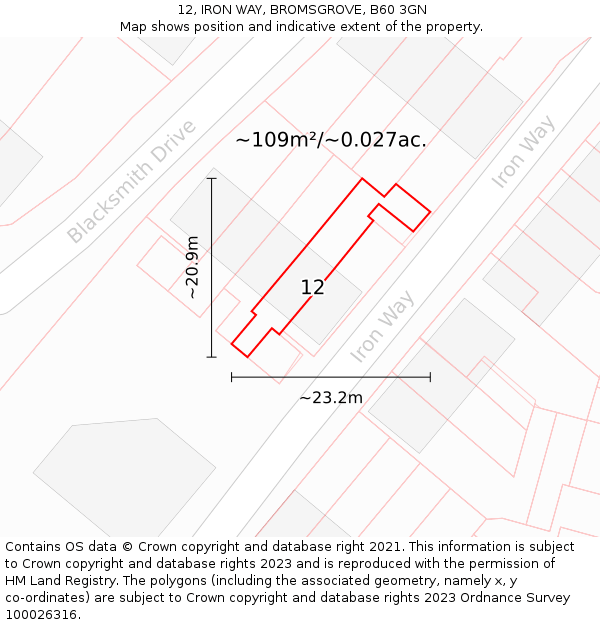 12, IRON WAY, BROMSGROVE, B60 3GN: Plot and title map