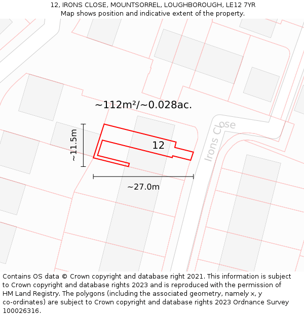 12, IRONS CLOSE, MOUNTSORREL, LOUGHBOROUGH, LE12 7YR: Plot and title map