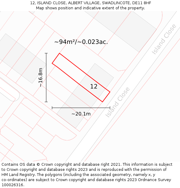 12, ISLAND CLOSE, ALBERT VILLAGE, SWADLINCOTE, DE11 8HF: Plot and title map