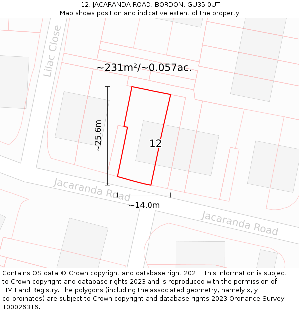 12, JACARANDA ROAD, BORDON, GU35 0UT: Plot and title map