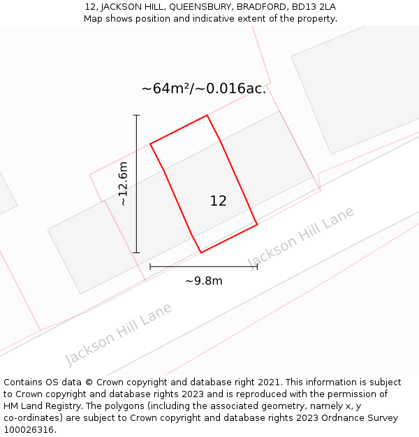 12, JACKSON HILL, QUEENSBURY, BRADFORD, BD13 2LA: Plot and title map