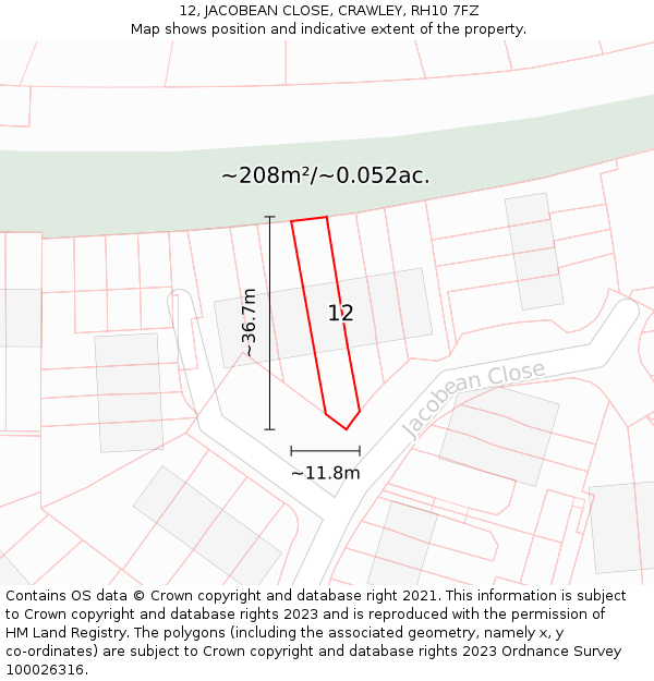 12, JACOBEAN CLOSE, CRAWLEY, RH10 7FZ: Plot and title map