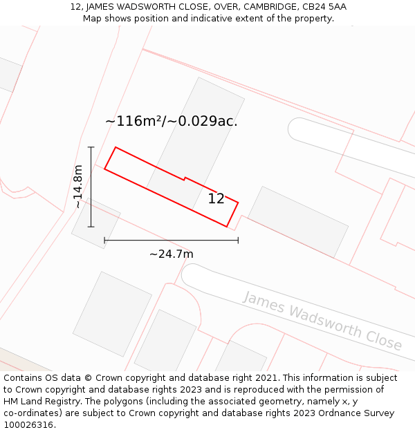 12, JAMES WADSWORTH CLOSE, OVER, CAMBRIDGE, CB24 5AA: Plot and title map