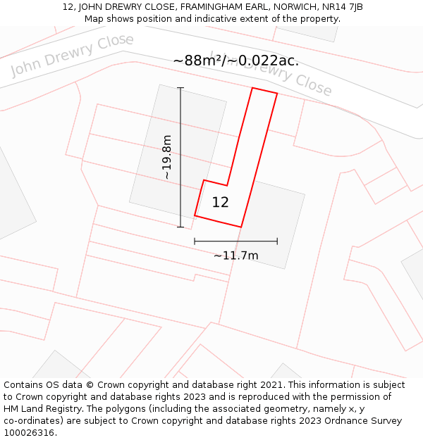 12, JOHN DREWRY CLOSE, FRAMINGHAM EARL, NORWICH, NR14 7JB: Plot and title map