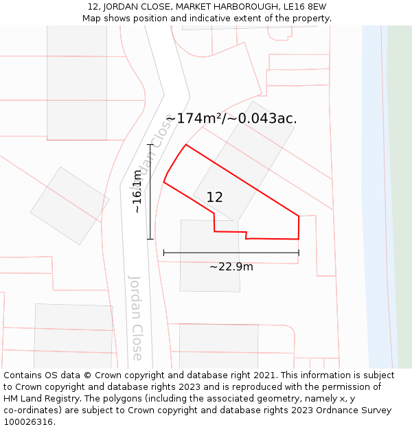 12, JORDAN CLOSE, MARKET HARBOROUGH, LE16 8EW: Plot and title map