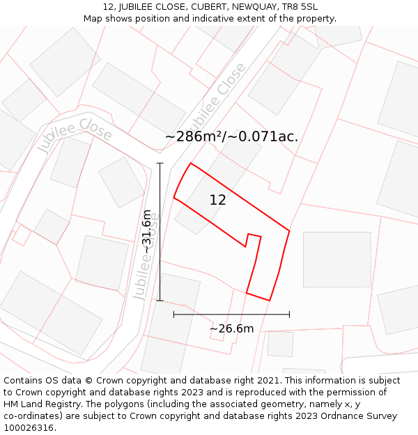 12, JUBILEE CLOSE, CUBERT, NEWQUAY, TR8 5SL: Plot and title map