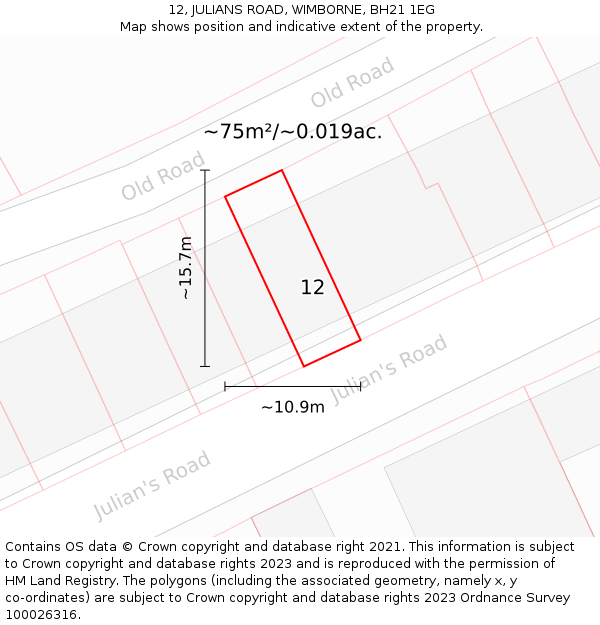 12, JULIANS ROAD, WIMBORNE, BH21 1EG: Plot and title map
