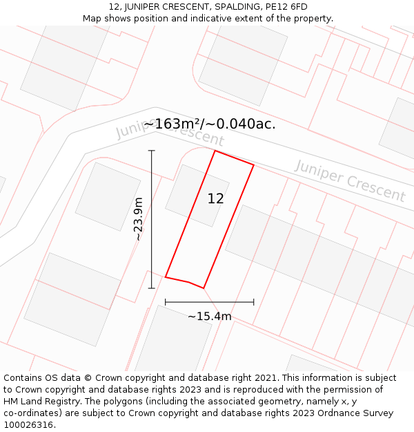 12, JUNIPER CRESCENT, SPALDING, PE12 6FD: Plot and title map