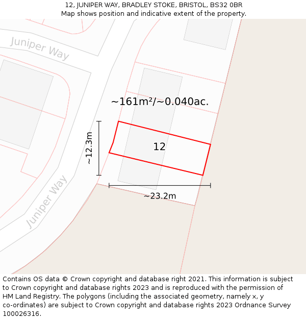 12, JUNIPER WAY, BRADLEY STOKE, BRISTOL, BS32 0BR: Plot and title map