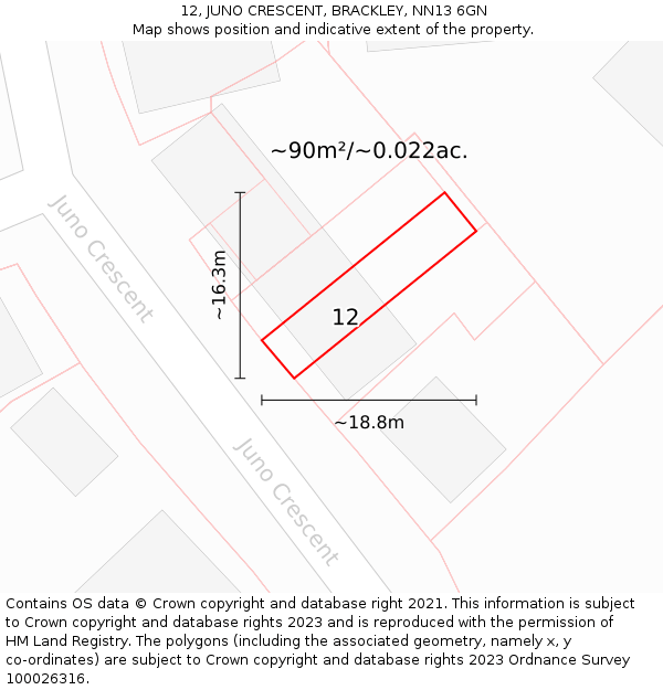 12, JUNO CRESCENT, BRACKLEY, NN13 6GN: Plot and title map
