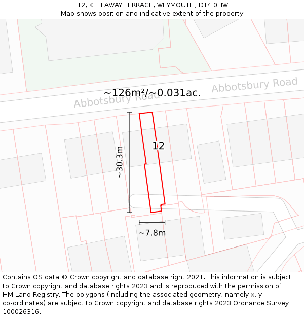 12, KELLAWAY TERRACE, WEYMOUTH, DT4 0HW: Plot and title map