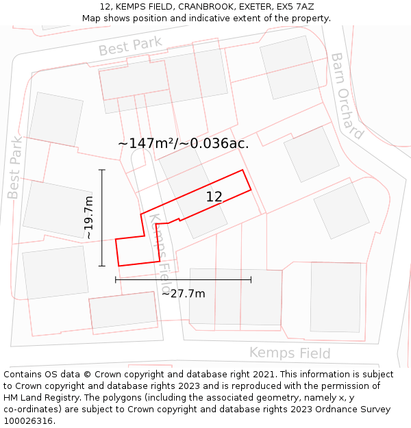 12, KEMPS FIELD, CRANBROOK, EXETER, EX5 7AZ: Plot and title map