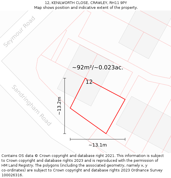 12, KENILWORTH CLOSE, CRAWLEY, RH11 9PY: Plot and title map