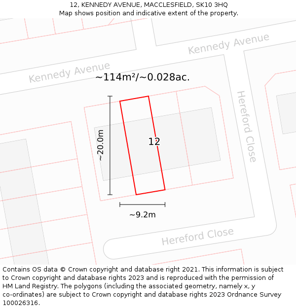 12, KENNEDY AVENUE, MACCLESFIELD, SK10 3HQ: Plot and title map