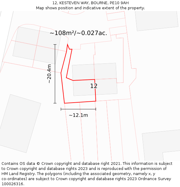 12, KESTEVEN WAY, BOURNE, PE10 9AH: Plot and title map
