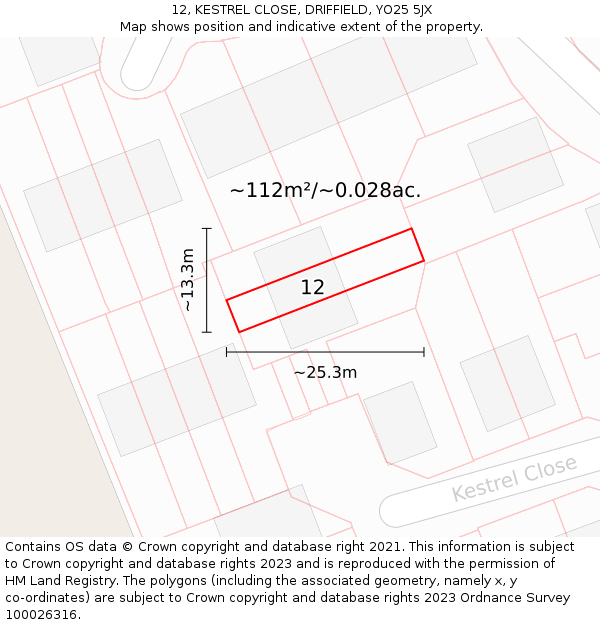 12, KESTREL CLOSE, DRIFFIELD, YO25 5JX: Plot and title map