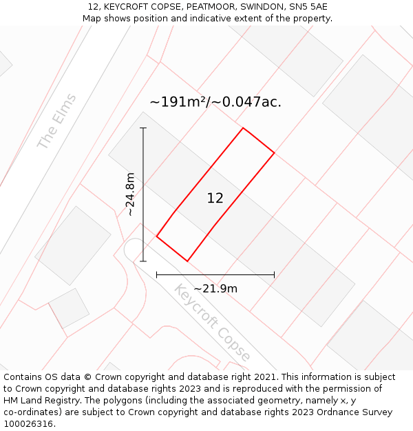 12, KEYCROFT COPSE, PEATMOOR, SWINDON, SN5 5AE: Plot and title map