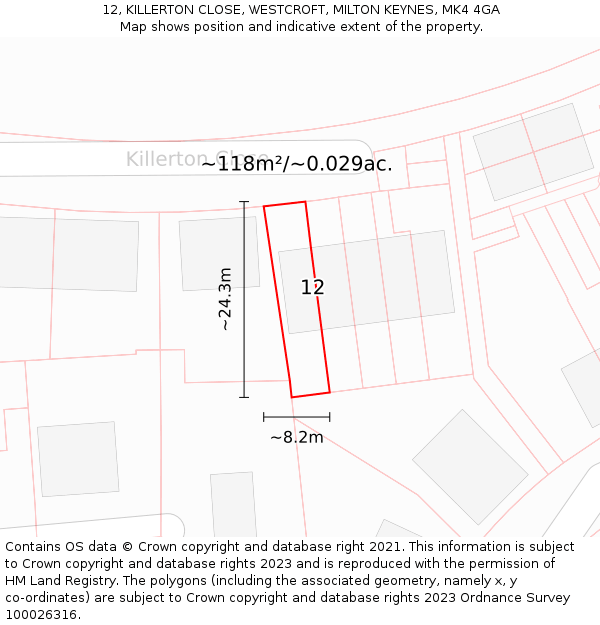 12, KILLERTON CLOSE, WESTCROFT, MILTON KEYNES, MK4 4GA: Plot and title map